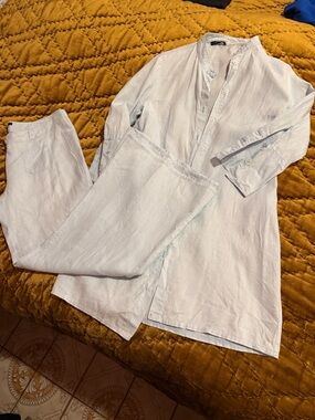 Light Blue Women's Linen Pants & Tunic Set